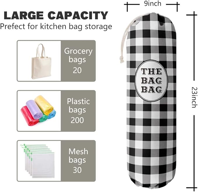 THE BAG BAG Plastic Bag Holder, Black and White Buffalo Check Plaid Grocery Bag Dispenser, Hanging Trash Bag Storage Organizer for Kitchen, Laundry Room, Pantry, Farmhouse Decor, Gifts For Grandma Mom - Image 5