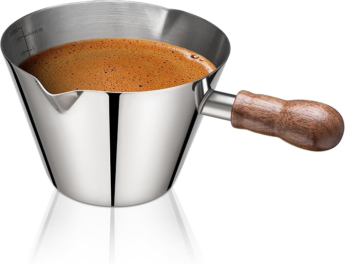 Amrules Espresso Cup, 6.8 oz/200 ml Stainless Steel Coffee Shot Measuring Cup with Wood Handle, Double V-Shaped Mouth and Clear Scale for Cappuccino Barista Coffee Bar Accessories, Silver by Amrules