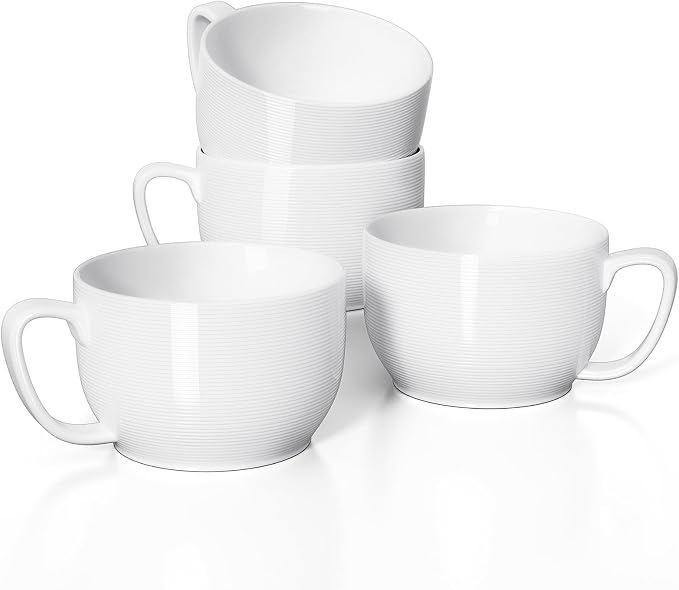 Teocera Soup Mugs with Handles, White Coffee Mugs Set of 4, Large Soup Cups - Striped Design - 24 Ounce Porcelain Jumbo Mugs Bowls for Coffee, Oatmeal, Hot Cocoa, Cereal by Teocera