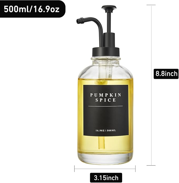 Coffee Syrup Dispenser for Coffee Bar, Coffee Syrup Pump Dispenser, Glass Syrup Bottle with Black Upgraded Pump, 2 Pack 16.9 oz 500 ml Syrup Dispensers, 28 Labels and Bamboo Tray