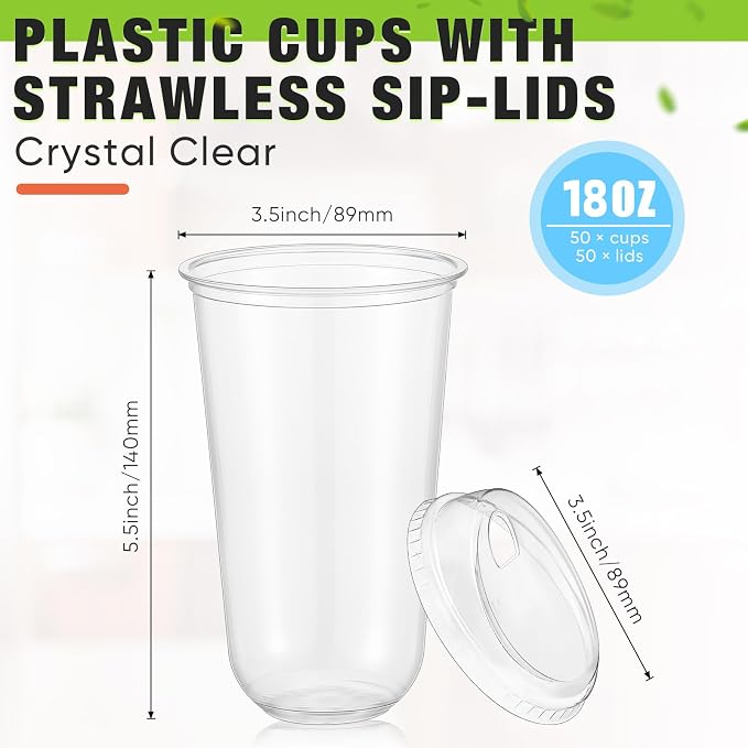 Ziliny 50 Sets Clear Plastic Coffee Cups with Sip Lids, Disposable Plastic PET Crystal Cups for Iced Coffee, Smoothie, Cold Beverage, Drink Shops and Party Catering(Clear,18 oz) - Image 3