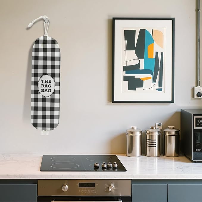 Black White Buffalo Check Plaid Plastic Bag Holder for Kitchen Essentials | Wall Mount Grocery Bag Holder for Plastic Bags, Minimalist Reusable Grocery Bags Storage Dispenser for Home Kitchen - Image 5