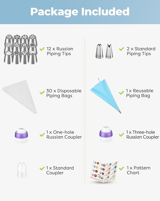 Kootek 48Pcs Russian Piping Tips Set, Piping Bags and Tips Set with 12 Russian Tips, 2 Icing Tips, 30+1 Pastry Bags, 3 Couplers for Cake Decorating, Cupcake, Cookie, Baking