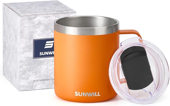 SUNWILL Insulated Coffee Mug with Lid, Travel Tumbler with Handle, 14 oz Stainless Steel Cup for Camping, Office, Home, Powder Coated Orange - Image 5