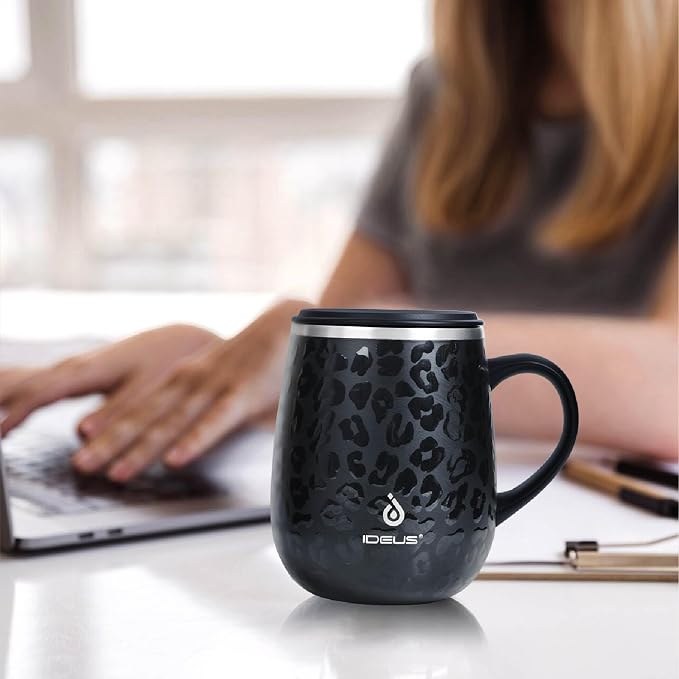 Ideus 16 oz (470 ml) Insulated Coffee Mug with Handle and Lid, Double Wall Stainless Steel Vacuum Thermal Coffee Mug, Travel Coffee Cup Thermal Cup for Home and Office, Leopard Black - Image 6