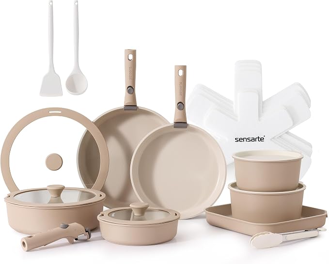 SENSARTE 24 Piece Ceramic Detachable Handle Pots and Pans Set Almond Beige | Ceramic Cookware Set, Induction Cookware Set with Removable Handle, Healthy Non Stick for RV, Dishwasher ＆ Oven Safe by SENSARTE