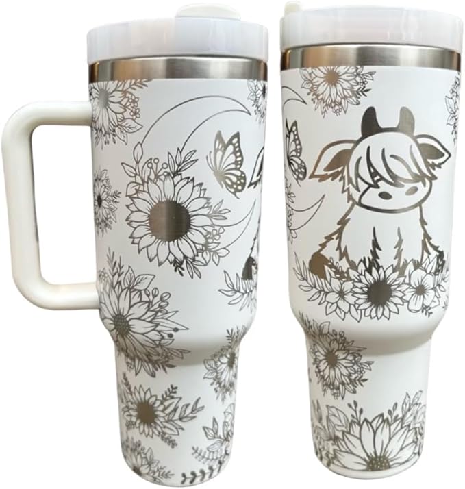 Western Engraved 40oz Tumbler, Tumbler with handle, Cowgirl Tumbler, Country Mug with Handle (White-Baby highland cow(B33))