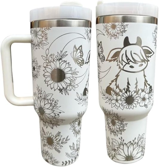 Western Engraved 40oz Tumbler, Tumbler with handle, Cowgirl Tumbler, Country Mug with Handle (White-Baby highland cow(B33))