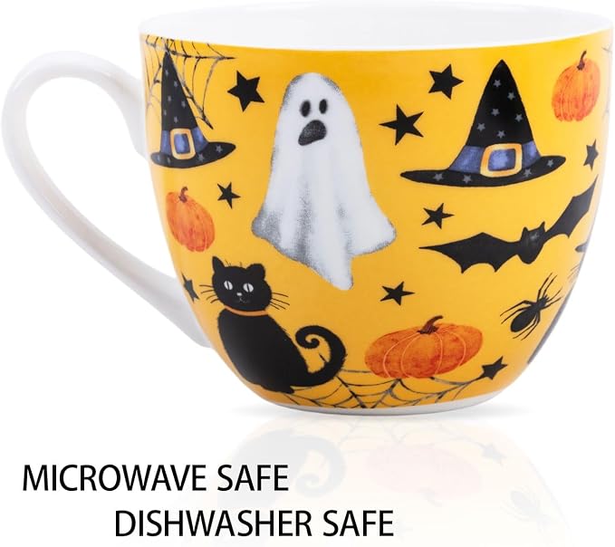Orange Halloween Hug Mug – 20oz Bone China Coffee Mug with Black Cat, Ghost, Pumpkin & Bat, Perfect Fall Gift for Halloween Lovers, Designed in England by Harvest Green Studio - Image 4