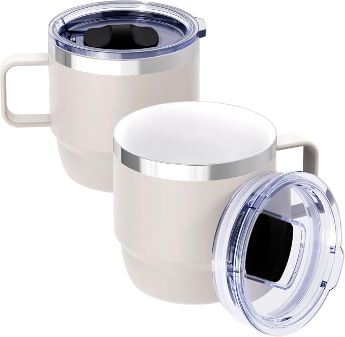 8 oz Small Coffee Mug with Magnetic Sliding Lid & Handle | Ceramic-Lined 18/8 Stainless Steel, Double-Wall Vacuum Insulated, Stackable, Dishwasher Safe, Mini Coffee/Tea Cup, 2 Pack by Cafezi