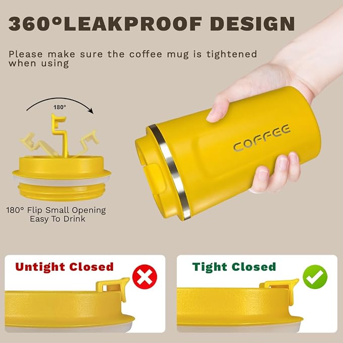 SPLMIFA Travel coffee mugs leak-proof, reusable coffee cup with lid, stainless steel vacuum insulated coffee tumblers, thermal insulation cups for men & women keep drinks hot & cold (2nd-Yellow, 12OZ) - Image 5