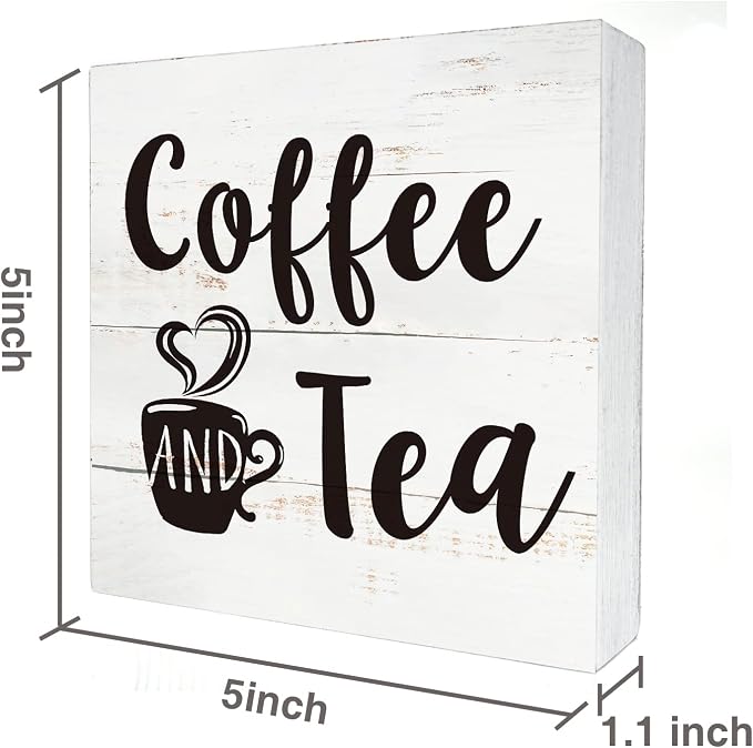 Coffee and Tea Wood Box Sign Kitchen Home Decor, Rustic Funny Coffee Wooden Box Sign Block Plaque for Wall Tabletop Desk Decoration - Image 2