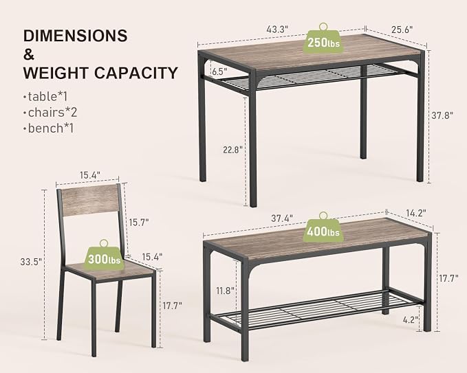 Gizoon 4-Piece Dining Table Set for 4, Kitchen Table with Bench Grey | Space-saving grey 4-piece dinette set with metal storage rack. Includes 2 ergonomic chairs and 1 bench. Easy to clean. - Image 3