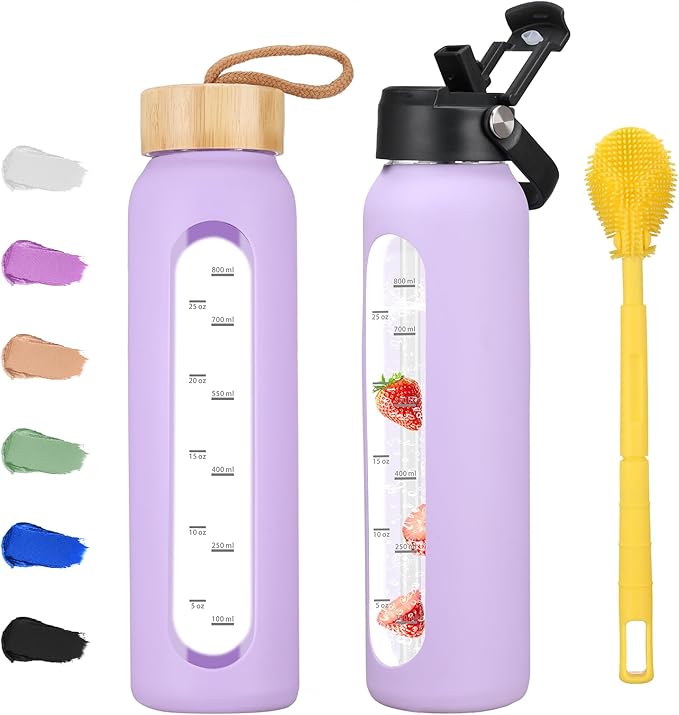 32 oz Glass Water Bottle with 2 Lids-Handle Straw Lid & Bamboo Lid,1 Liter Motivataional Tumbler Water Bottle Time Marker, Borosilicate Glass Water Bottles With Silicone Sleeve, Leakproof