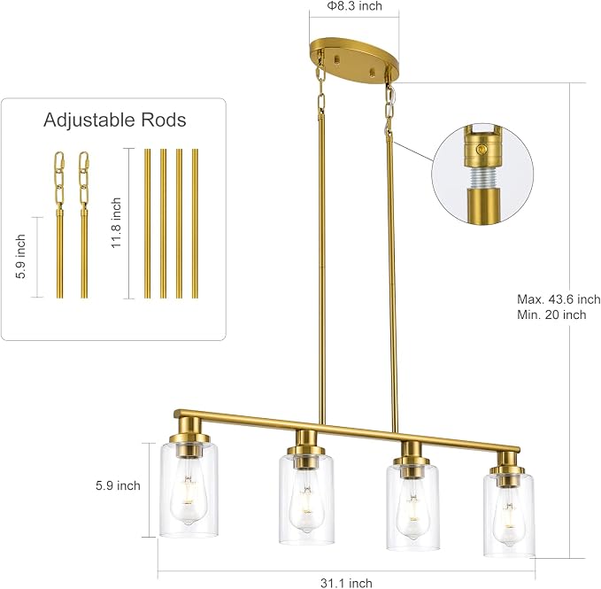 Kitchen Island Lighting, 4-Light Dining Room Light Fixtures Over Table,Gold Linear Chandelier for Dining Room Hanging,Pendant Lights Kitchen Island with Clear Glass Shade - Image 3