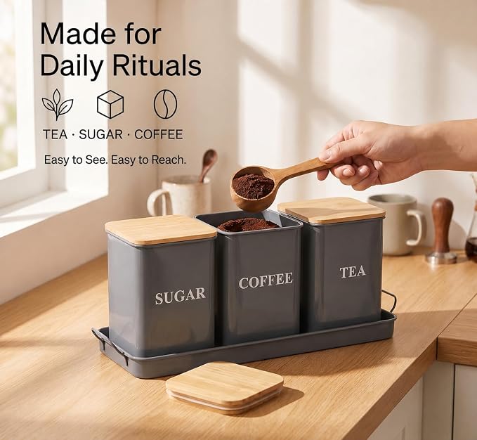 Coffee Tea Sugar Container Set , 50 oz Metal Kitchen Canisters-Gray | Countertop Storage Containers with Wood Lids and Tray, Storage Canister for Coffee Bar, Pantry and Farmhouse Kitchen Decor - Image 4