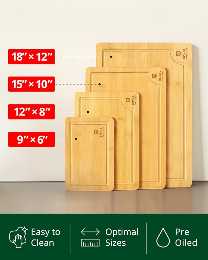 ROYAL CRAFT WOOD Wooden Cutting Boards for Kitchen Meal Prep & Serving - Bamboo Wood Serving Board Set with Deep Juice Groove Side Handles - Charcuterie & Chopping Butcher Block for Meat - Image 4