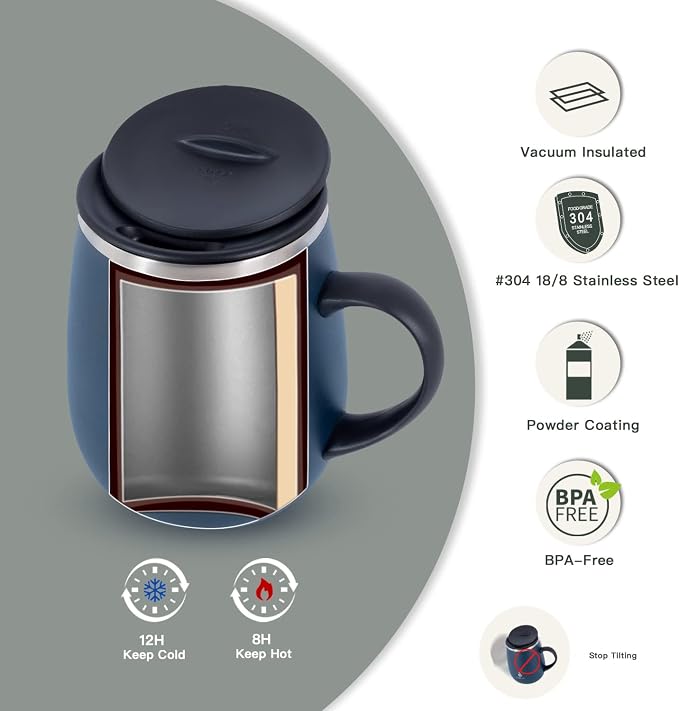 Ideus 16 oz Insulated Coffee Mug with Handle and Lid, Double Wall Stainless Steel Vacuum Thermal Coffee Mug, Travel Coffee Cup Thermal Cup for Home and Office, Navy Blue - Image 2