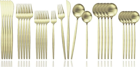 JASHII Flatware Silverware Set Stainless Steel Satin Finish Cutlery Set Service for 6, 30-Piece Spoons And Forks Kitchen Utensil Set, Dishwasher Safe (Matte Champagne gold) by JASHII