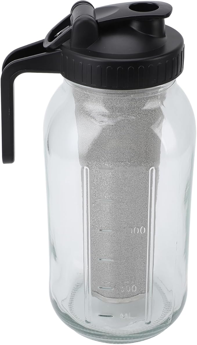 Cold Brew Coffee Maker Jar, Stainless Steel Filter Thick Glass Jar, Iced Coffee Pitcher with Spout Lid and Handle, Dishwasher Safe for Working from Home (2000ml)
