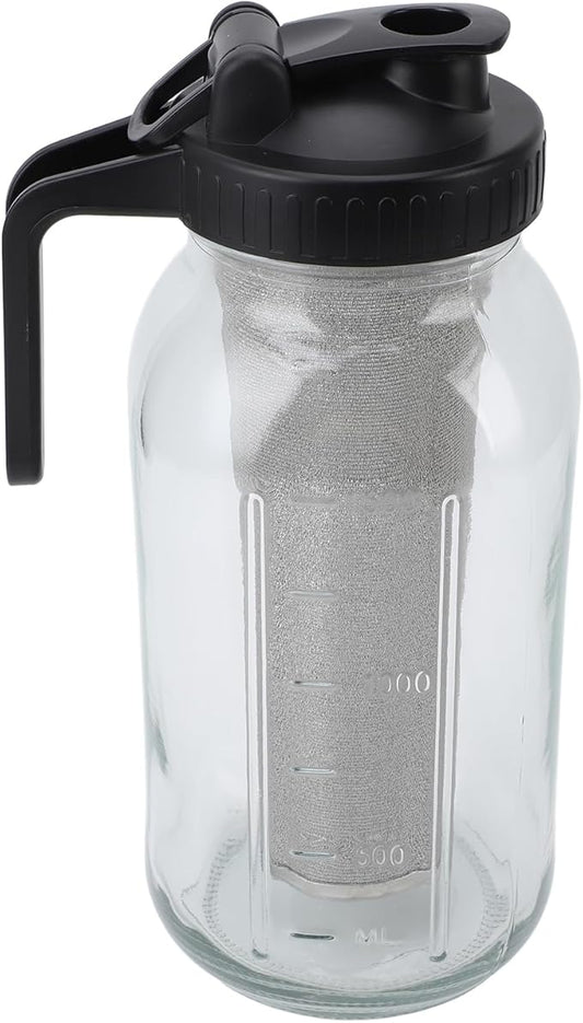 Cold Brew Coffee Maker Jar, Stainless Steel Filter Thick Glass Jar, Iced Coffee Pitcher with Spout Lid and Handle, Dishwasher Safe for Working from Home (2000ml)