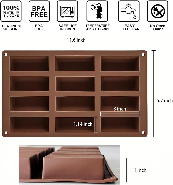Avidon chocolate bar mold, Silicone Molds Energy Bar Maker for Chocolate Truffles Ganache Bread Brownie, silicone candy bar molds, 3 packs (12 Cavity)