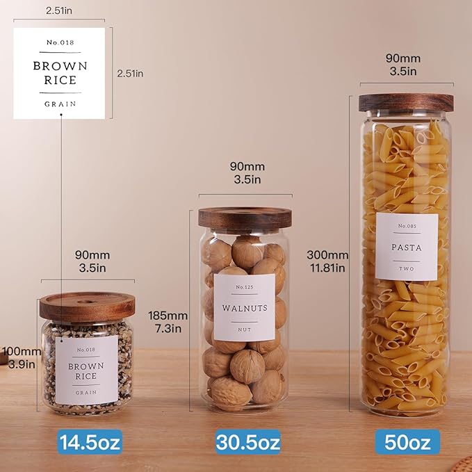 5 Set Glass Pantry Storage Jars with Acacia Airtight Lid - Thicken Glass Kitchen Canisters with 132 Pantry Labels - Clear Glass Food Storage Containers with Wood Lid for Tea,Sugar,Candy,Cookie,Pasta - Image 4