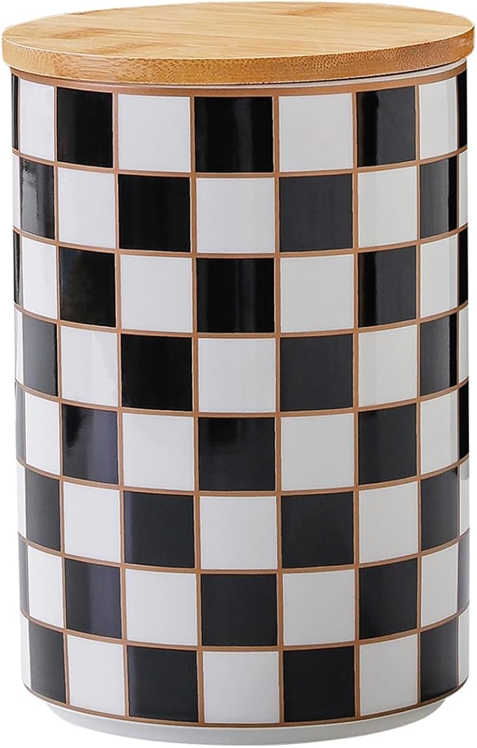 Kitchen Countertop Ceramic Checkered Canisters,Black And White Food Storage Containers With Lid,Airtight Kitchen Canisters for Flour, Sugar, Coffee, Tea, and Dry Goods (Black, XL) by XYQXYQ