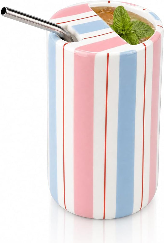 Large Ceramic Coffee Mug with Sip Hole, 17 oz Pastel Candy Stripe Ceramic Travel Mug Cup with Straw and Cleaning Brush for Kitchen Dining Travel Tea Milk Coffee Lovers Gift for Women by Ferrochef