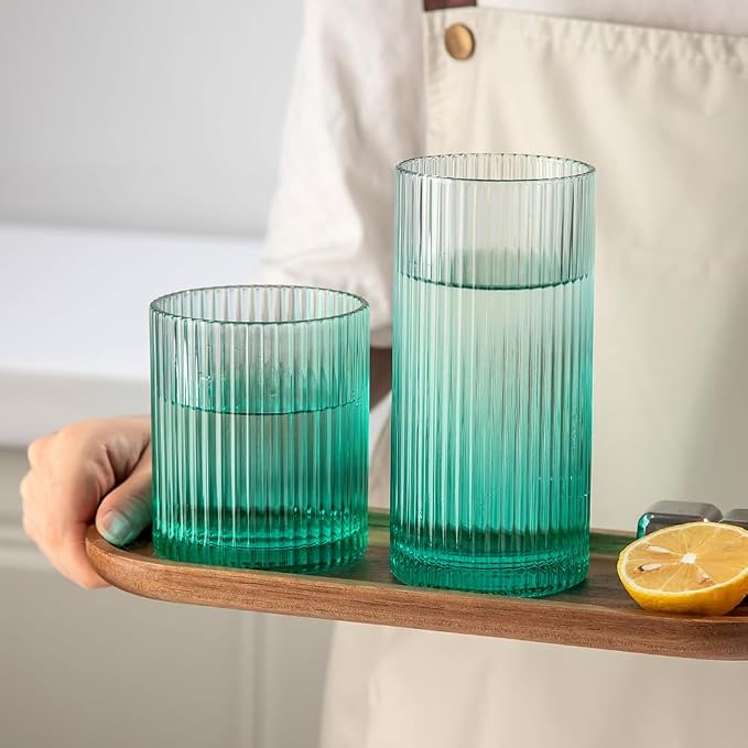 Ribbed Drinking Glasses 8pcs, 12oz and 10oz Glassware, Tumbler Glasses Cup Set for Wedding, Party, Christmas Gift, Green - Image 6