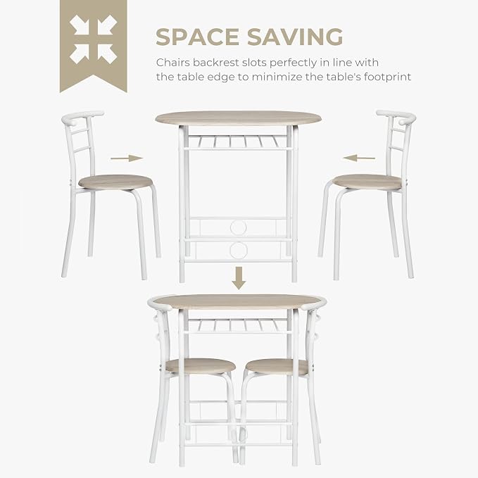 VINGLI 3 Piece Dining Set,Small Kitchen Table Set for 2,Breakfast Table Set,Kitchen Wooden Table and 2 Chairs for Small Space/Dining Room/Apartment,Metal Frame,Wine Rack,White&Light Oak - Image 5