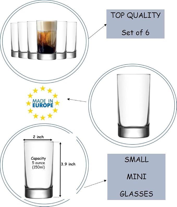 BOHEM'S Small Juice Glasses, Mini Clear Glass Cups Tumblers, 5.1 Oz, Drinking Glassware for Orange Juice, Water, Milk, Coffee, Perfect for Tasting and Small Portions, Set of 6, - Image 4