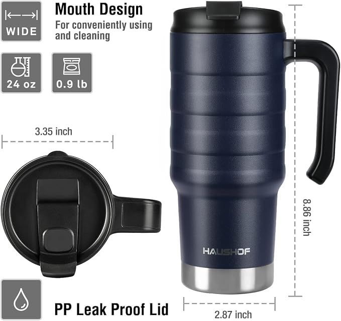 HAUSHOF 24 oz Travel Mug, Stainless Double Wall Vacuum Insulated Tumbler with Handle & Spill Proof Twist On Flip Lid and Wide Mouth, BPA Free (Navy Blue) - Image 2