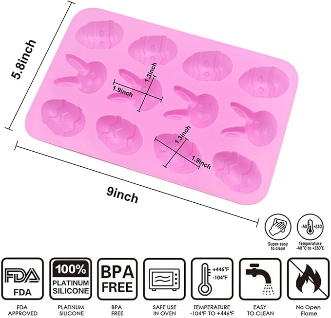 LeLehome 2PCS Eater Egg Bunny Silicone Molds, Non-Stick Festival Holiday Chocolate Cupcake Cake Candy Candle Soap Resin Ice Cube Baking Mold Eggs Rabbits Shaped, Pink