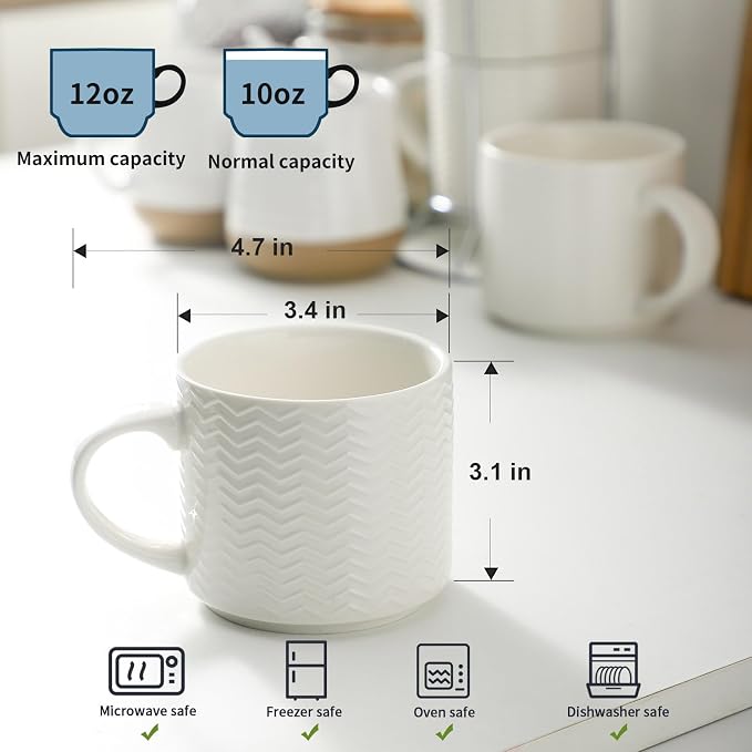 HASENSE Coffee Mugs 12 OZ Ceramic Cups Set of 4, Stackable Embossed Coffee Cups with Rack, Porcelain Coffee Cups for Latte, Cappuccino, Mocha, Cocoa, Americano, Hot Tea and Milk, White - Image 3