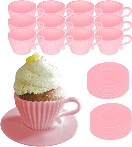 Evelots Baking Cupcake Molds - Silicone Teacup Set - 24 Pc Set - Oven-Safe - Nonstick - Muffin Cups for Bridal/Baby Shower, Birthday/Tea Party - 12 Cups & 12 Saucers - BPA Free