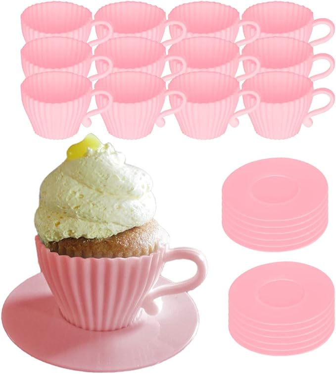 Evelots Baking Cupcake Molds - Silicone Teacup Set - 24 Pc Set - Oven-Safe - Nonstick - Muffin Cups for Bridal/Baby Shower, Birthday/Tea Party - 12 Cups & 12 Saucers - BPA Free