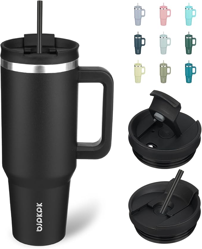 BJPKPK 40 oz Insulated Tumbler with Handle & Straw, Stainless Steel | Double Wall Vacuum Insulation, Leak Proof, BPA Free, Dishwasher Safe, Cupholder Friendly, Travel & Outdoor, Black by BJPKPK