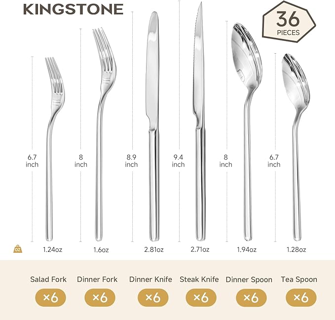 KINGSTONE 36-Piece Silverware Set with Steak Knives, Flatware Set for 6, 18/10 Stainless Steel Tableware Cutlery Set for Home Restaurant, Mirror Finish,Modern Design - Image 2