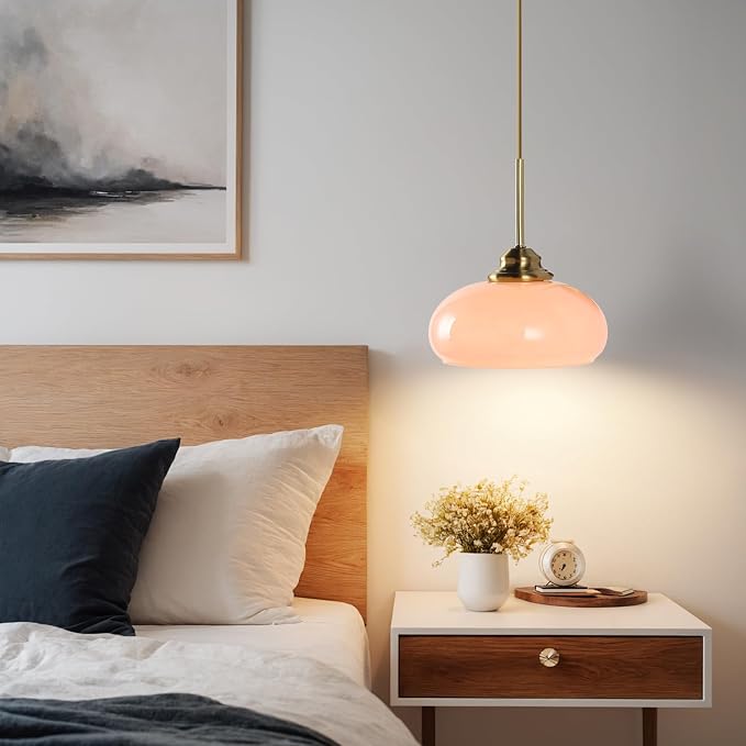 KCO Lighting Retro Pink Kitchen Pendant Light Mid Century Gold Hanging Light Vintage Dome Glass Pendant Light Small Globe Hanging Lights - Image 7