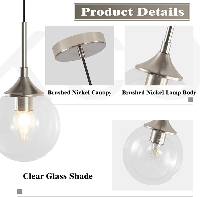 KCO Lighting 7.1” Glass Globe Pendant Light Brushed Nickel Ceiling Light Fixture Mid Century Modern Pendant Lights Kitchen Island Small Bubble Glass Pendant Light - Image 3
