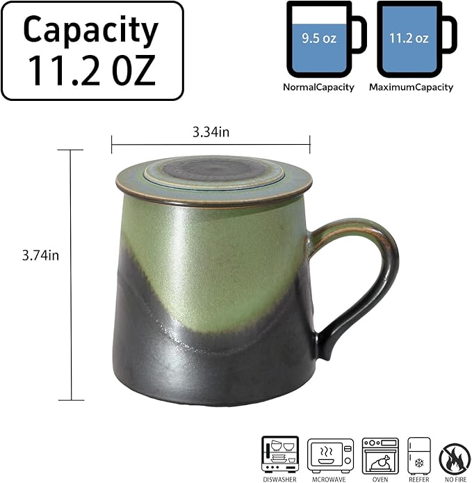 Handmade Ceramic Coffee Mugs, 11.2 OZ Colored Glaze Coffee Cups with Lids, Birthday Gift for Women, Mom, Dad, Friend, Sister, Brother, Dishwasher and Microwave Cups