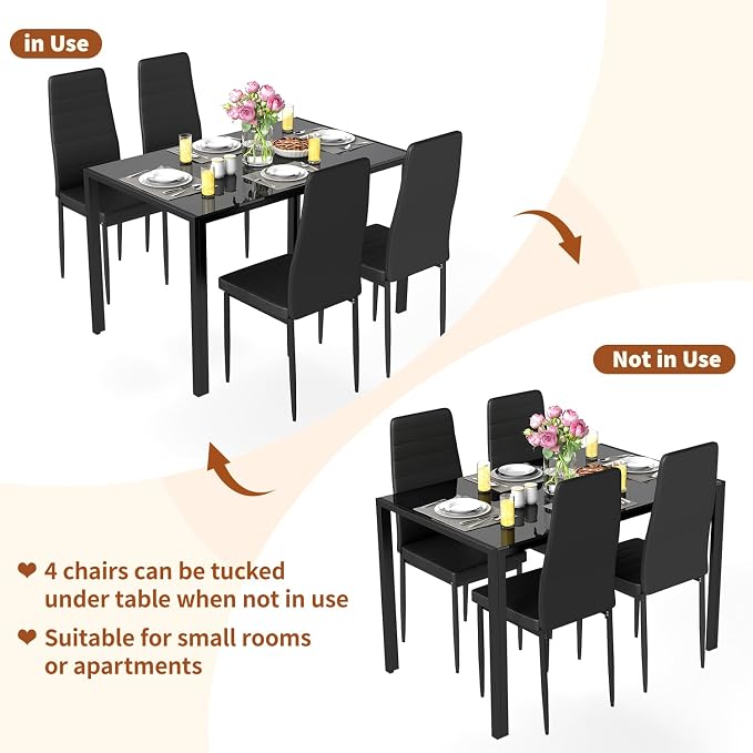 FDW | Dining Table Set for 4 | 5-Piece Glass Black Dining Table | Kitchen Table with 4 Upholstered Chairs and Faux Leather Cushions | Space-Saving and Modern Design | for Dining Room, Easy to Assemble - Image 3
