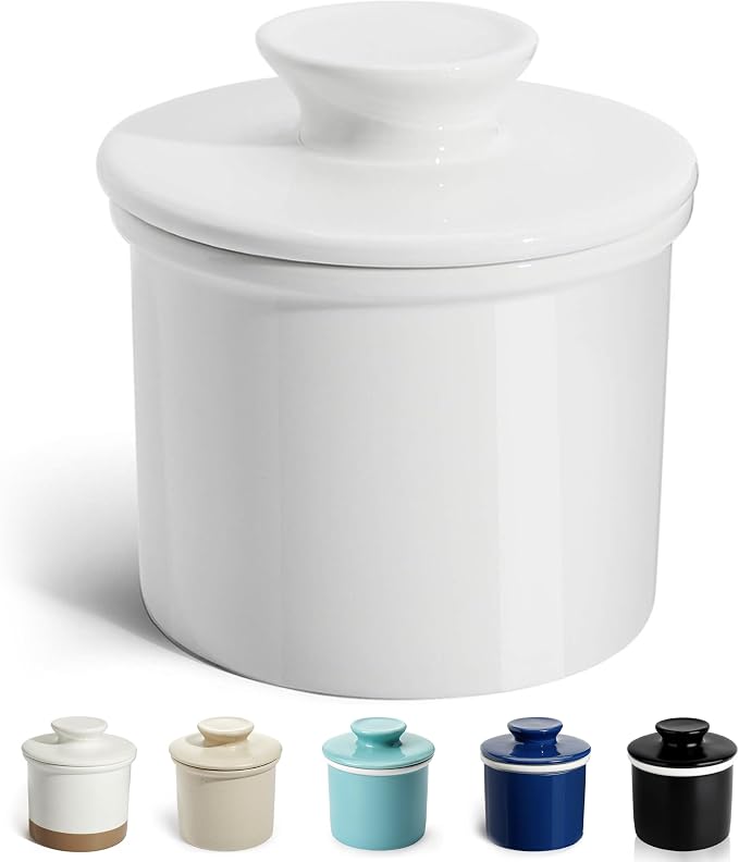 Sweese French Butter Dish - Butter Crock for Counter with Water Line for Fresh Spreadable Butter - French Butter Keeper with Lid - Housewarming Gift For The One Who Has It All - White | French butter crock, countertop storage, water line design, keeps ... by Sweese