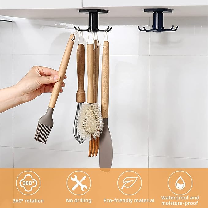 2pcs Under Cabinet Kitchen Utensil Hooks,360° Rotating Drilling Free Adhesive Utensils Hanging Rack for Tools/Towel/Knife (Black) - Image 2