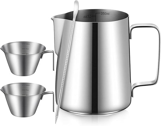 4 Pcs Espresso Accessories Kit Includes Espresso Cups with Handle, 12 oz Milk Frothing Pitcher and Latte Art Pen Stainless Steel Cappuccino Machine Accessories for Barista Coffee Bar