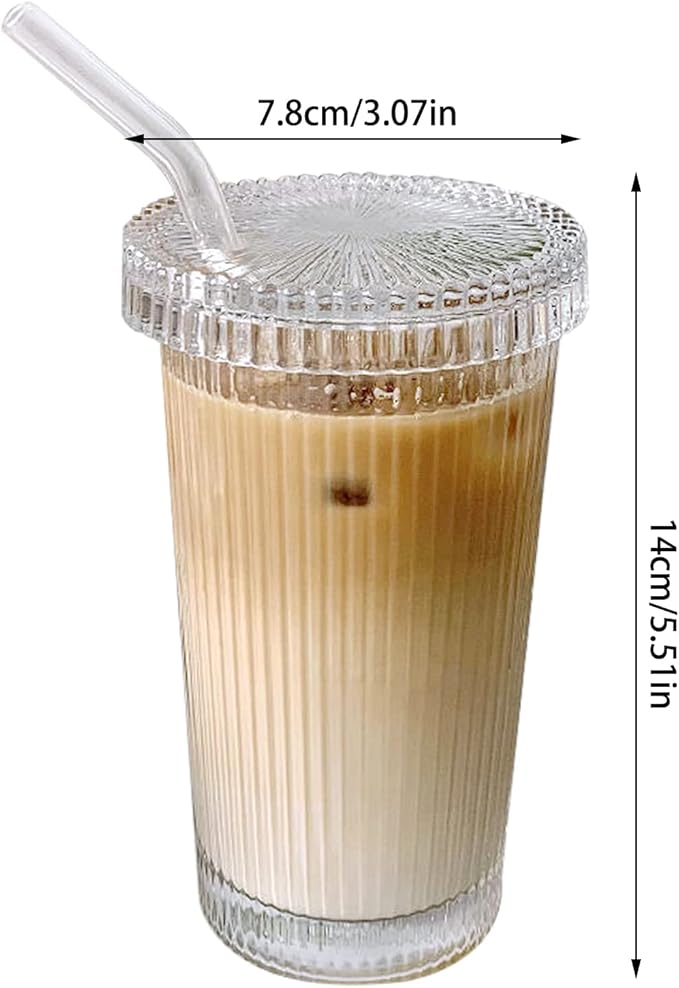 Glass Tumbler Stripe Glass Cup Coffee Cup With Lid and Straw LIDS DON'T SECURE 12.5 oz Drinking Glasses for Water,Iced Coffee,Milk,Tea,Juice (A-Stripe)