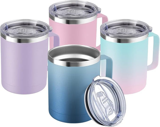 MEWAY 12oz Coffee Mug With Handle 2 Pack Bulk,Stainless Steel Insulated Travel Tumblers With Sliding Lid,Double Wall Vacuum Camping Cup for Hot & Cold Drinks Tea (Bubble Gum&Blue Waves,Set of 4) by MEWAY