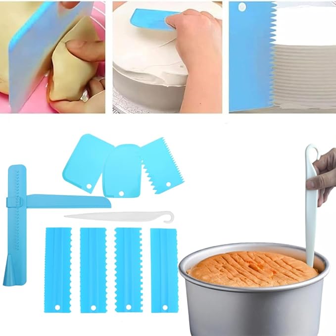 11 Pcs Cake Scraper Set Cake Edge Scraper Cutters with Adjustable Butter Smoothing Cream Scraper Tool Cake Decorating Comb Icing Smoother for Cake Cream Baking Decorating- (Blue)