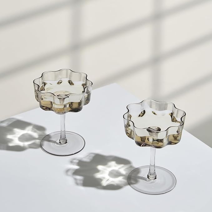 Khen Flower Vintage Wavy Glass Coupes Martini, Champagne & Cocktail Coupes - Set of 2-7oz Colorful Cocktail Glasses & Champagne, Prosecco, Mimosa Glassware Copyright Design - Gray by Khen